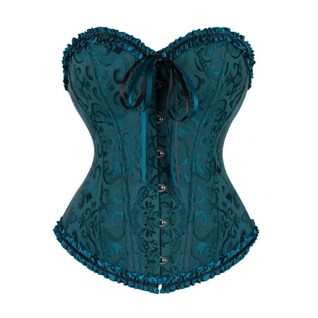 CHCNHAC Corset Lingerie for Women Floral Pleated Trim Bustier Tops Vintage Satin Lace Up Strapless Shapewear Plus Size Boned Renaissance Costume Dark Green S