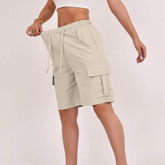 Cargo Shorts for Women Summer Elastic Waist Drawstring Button Bermuda Shorts Womens Casual Solid Loose Fits Lightweight Comfy Knee Length Cargo Short