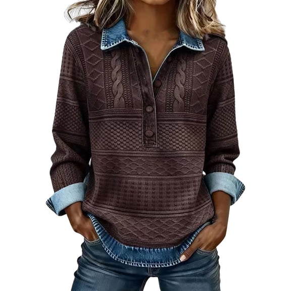 Women's Oversized Tshirts Denim Knit Patchwork Button Up Pullover Long Sleeve Shirts for Women