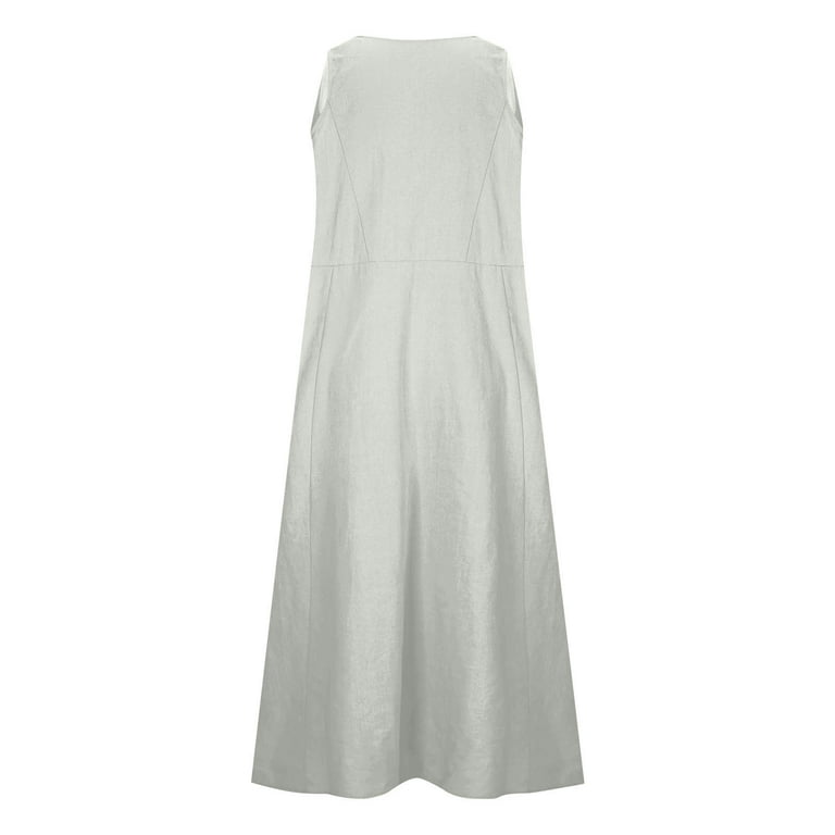 Horkkom Linen Dress Women Summer Beach Loose Maxi Dresse Plus Size V Neck  Solid Color Sleeveless Dress with Pockets Gray 4XL - Walmart.com