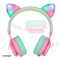 thumbnail image 2 of Auriculares Bluetooth Riwbox CT-7 con orejas de gato plegables inalámbricos con luz LED micro y control de volumen Rosa y verde, 2 of 9