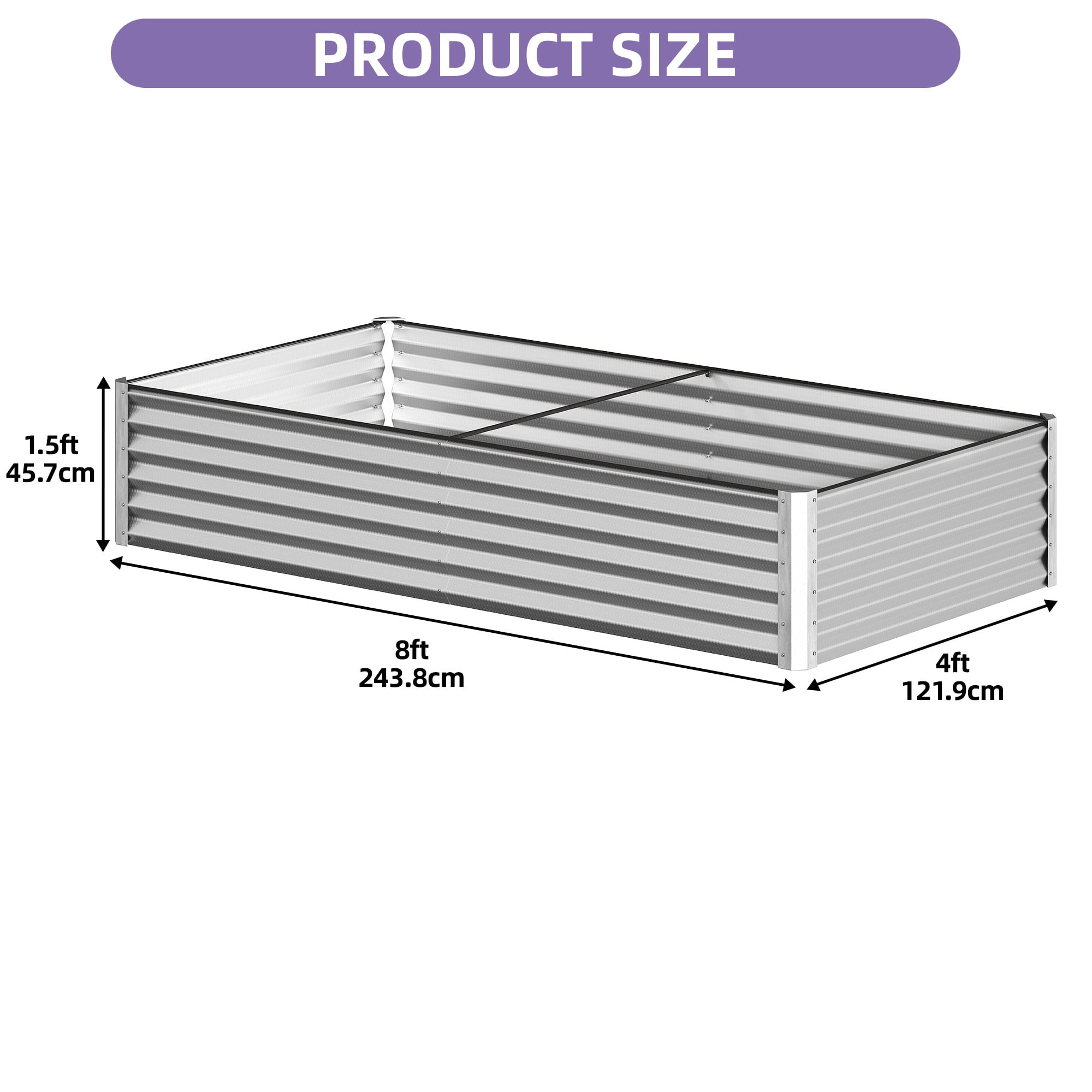 Uforic 8x4x1.5 Ft 2 Pieces Galvanized Metal Raised Garden Bed Kit with Free Gloves Silver