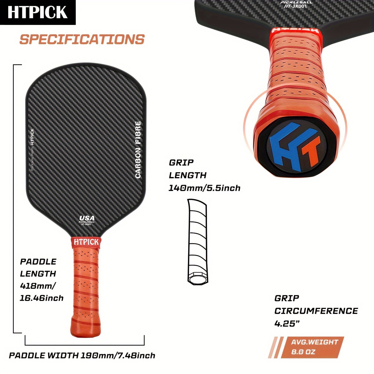 Pickleball Paddle, 3K Raw Carbon Fiber SurfaceHigh Grit & Spin, 16MM professional shooting, Ideal for Novice and Professional Players