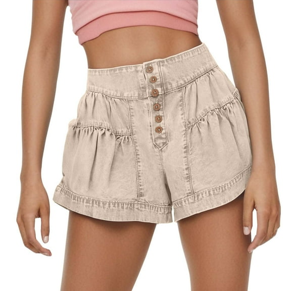 Youmylove Comfort Womens Shorts Frilled Denim Shorts For Women Summer Casual Elastic Waist Pocket Shorts Comfortable Lightweight Shorts Leisure Beach Shorts