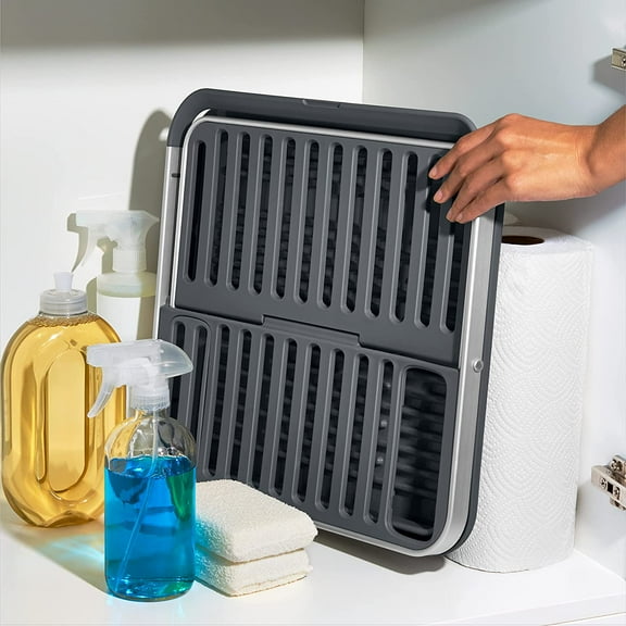 Good Grips Aluminum Fold Flat Dish Drying Rack, 2-Tier, with Drainboard, for Kitchen Counter, Collapsible