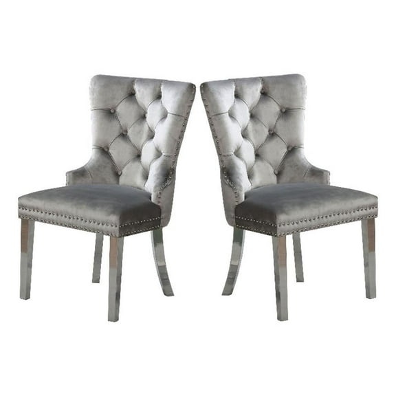 24 Inch Dining Side Chair Set of 2- Tufted Silver Gray Fabric- Chrome legs