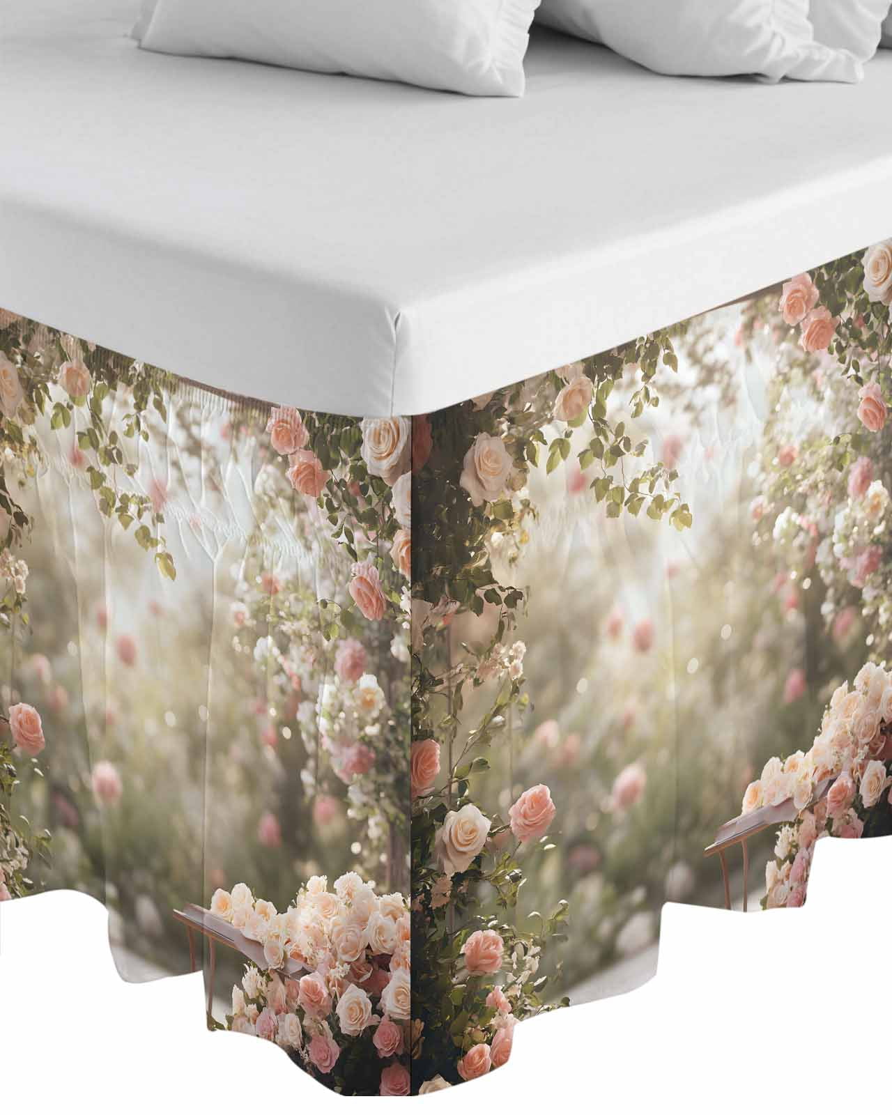 Spring Rose Ruffle Bed Skirt King Size Pastoral Romantic Plant Adjustable Elastic Dust Bed Skirts Wrap Around Bedskirt Wrinkle Free Easy Fit with 16 Inch Drop