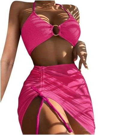 WREESH Womens Bikini Set with Swim Skirt Bathing Suit Mini Wrap Skirt Beach Cover Up Fashion Solid Color Bikini Split Swimwear Three Piece Set Hot Pink
