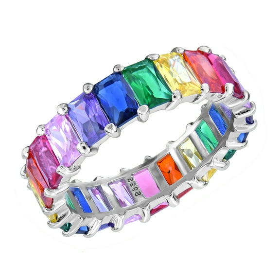 Glamorous Rainbow Cubic Zirconia Rectangular Cut Sterling Silver Band Ring-9