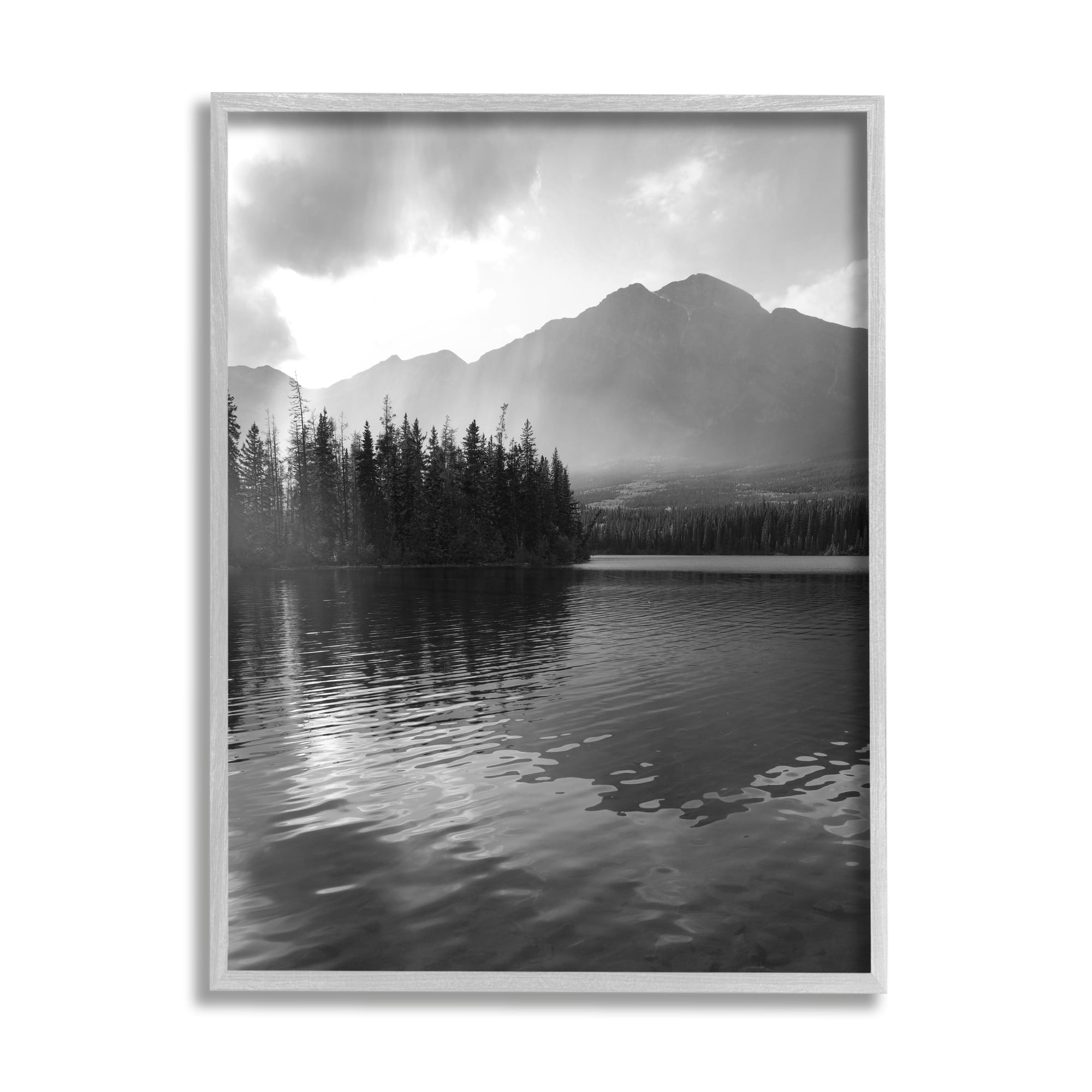 Stupell Industries Lakeside Spruce Tree Forest Outdoor Landscape Photography Gray Framed Art Print Wall Art, 11x14, by Daniel Sproul