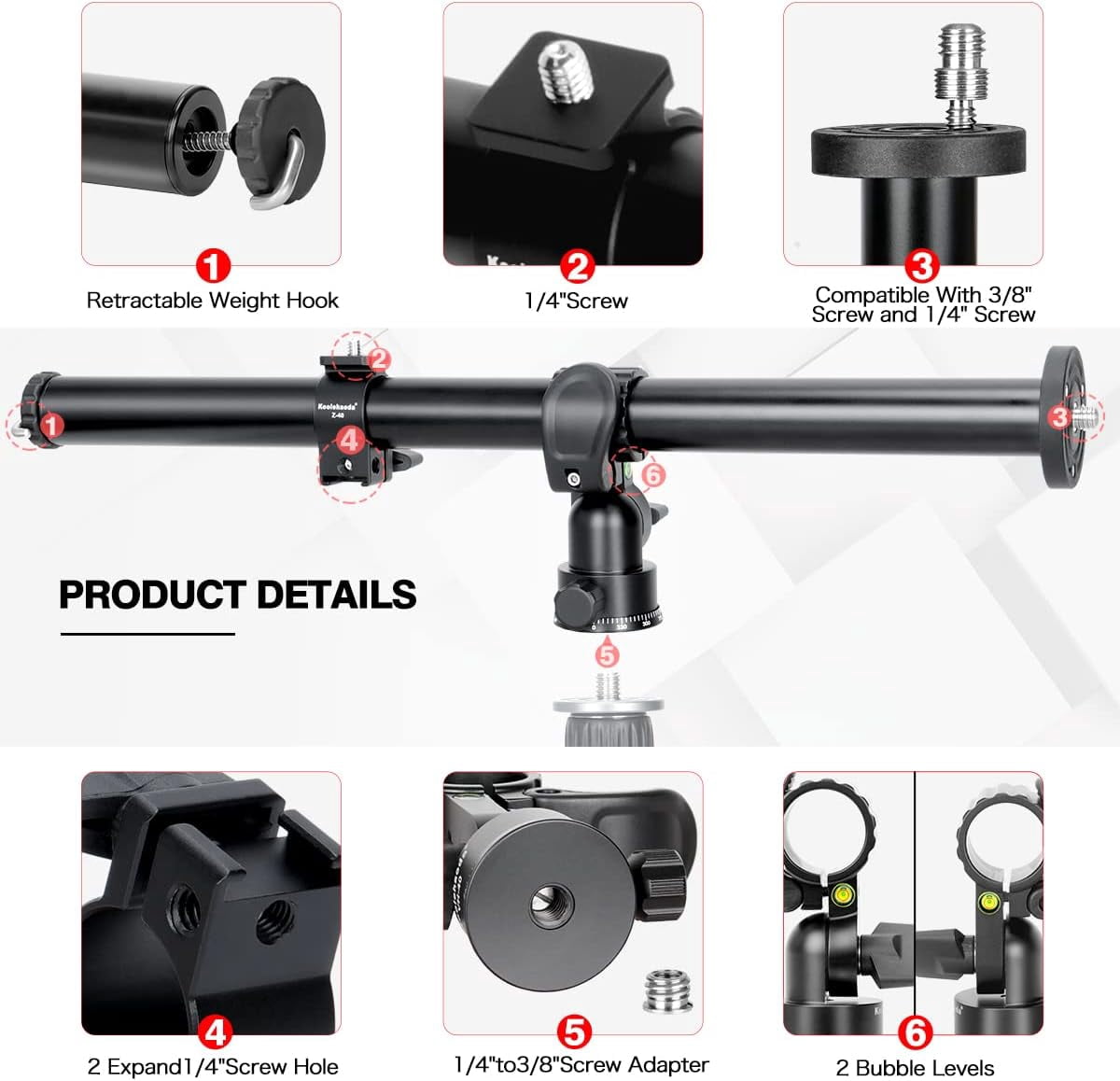 Koolehaoda 33" Tripod Extension Arm, Aluminum Horizontal Center Column arm 2 Sections with 360° rotatable for Overhead, Multi-Angle Photography, Load Up to 22lbs (Tripod not Included)