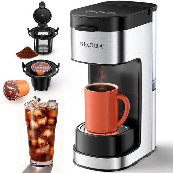 Secura Single Serve Coffee Maker K Cup and Ground 2-In-1 Coffee Maker with 3 Brew Modes, Removable Reservoir & Drip Tray, 6 to 12 Oz Brew Sizes