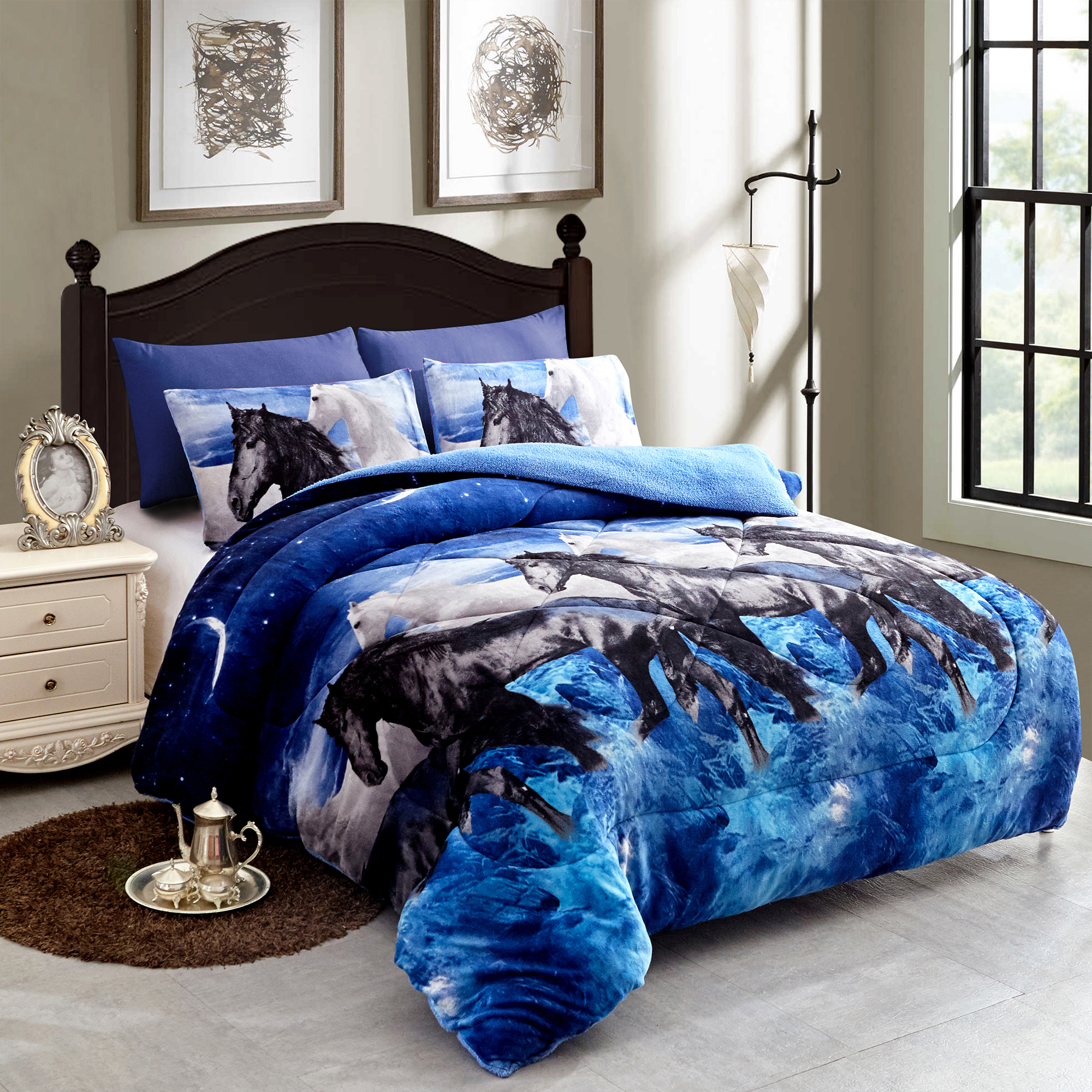 3Piece Printed Fleece Sherpa Down Alternative Comforter Set Queen King