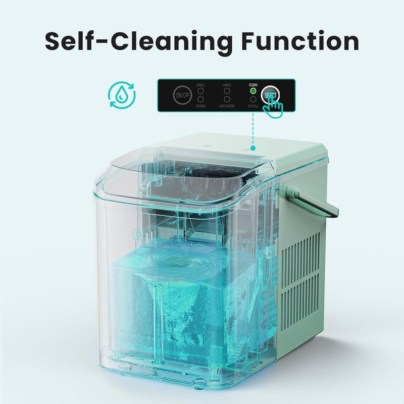 Simenmax Portable Ice Maker, Countertop Ice Machine with Handle & Basket, Compact for Home, RV, Camping, Parties – Green