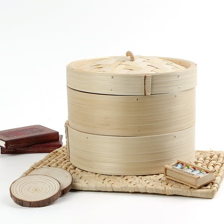 8 Inch Steamer Basket 2 Tier 8'' Bamboo Steamer Basket Chinese Dim Sum Rice Vegetables Chicken Fish Cooker Set with Lid ()