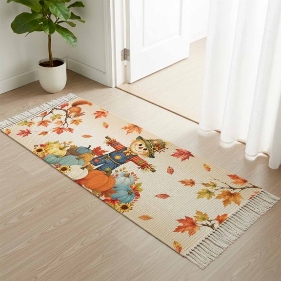 Thanksgiving Pumpkin Cartoon Man Boho Hallway Runner Rug 2x4ft, Kitchen Runner Rug Tassel Rugs, Fall Maple Leaf Orange Gradient Area Rugs Floor Carpet for Living Room Bedroom Entryway