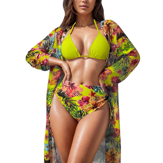 MKLEKYY Trajes De Baño Completo Mujer 2024 Women'S Fashion Sexy Bikini Three Piece Set Printed Mesh Cover Shirt Split Swimsuit
