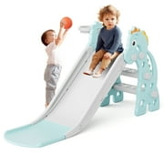 KORIMEFA Kids Slide for Toddlers Age 1-3, Toddler Slide Climber Set for Indoor Outdoor, Baby Climber Toy Freestanding Slide with Basketball Hoop & Ball, Green