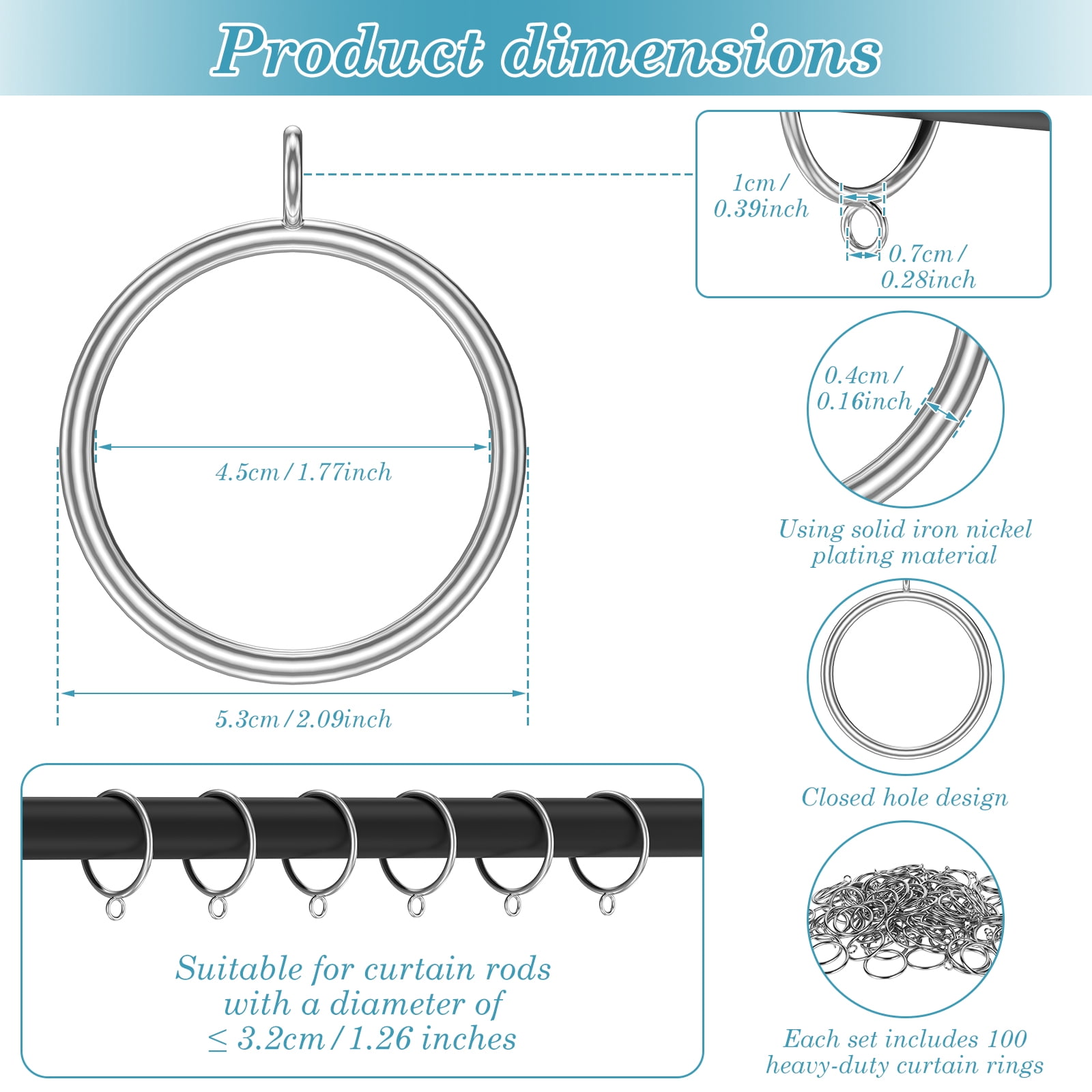 100Pcs Curtain Rings with Eyelets Heavy Duty Metal Drapery Ring 1.8 Inch I D Fits Rods up to 1.26 in Home Bathroom
