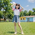 thumbnail image 2 of Shadoumai Girls Summer Casual Loose Fit Denim Shorts with Fashionable Bow Embroidery Design for and Youth, 2 of 8