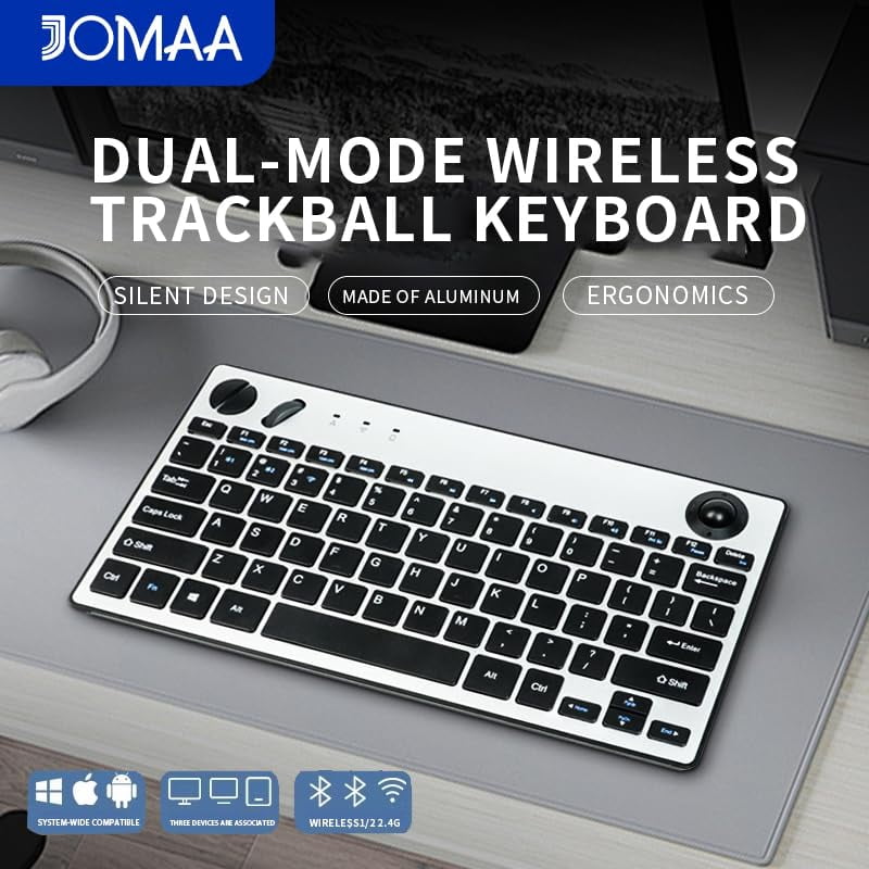 Compact Travel Keyboard with Mouse Functionality, Multi-Device Connection, Bluetooth 5.0 & 2.4G Wireless Plug and Play, Direction Trackball, Mouse Scroll Wheel, Left & Right Mouse Buttons