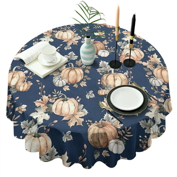 Fall Pumpkins Leaves Pattern Round Tablecloth 60" X 60",Wrinkle Wipeable Table Cloth for Kitchen Dining Room Picnic Patio Party
