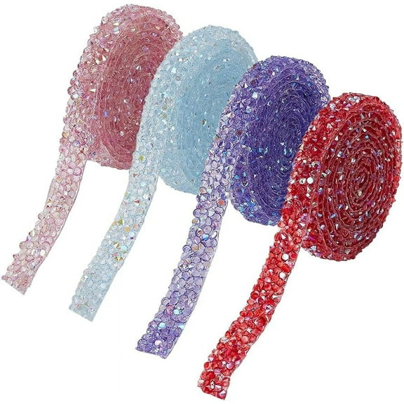 4Yards Crystal Rhinestone Ribbon Strips 4 Colors Hotfix AB Rhinestone Ribbon Sparkling Rhinestone Decoration Trim Self Adhesive Iron-on Tape DIY Glitter Diamond Stickers