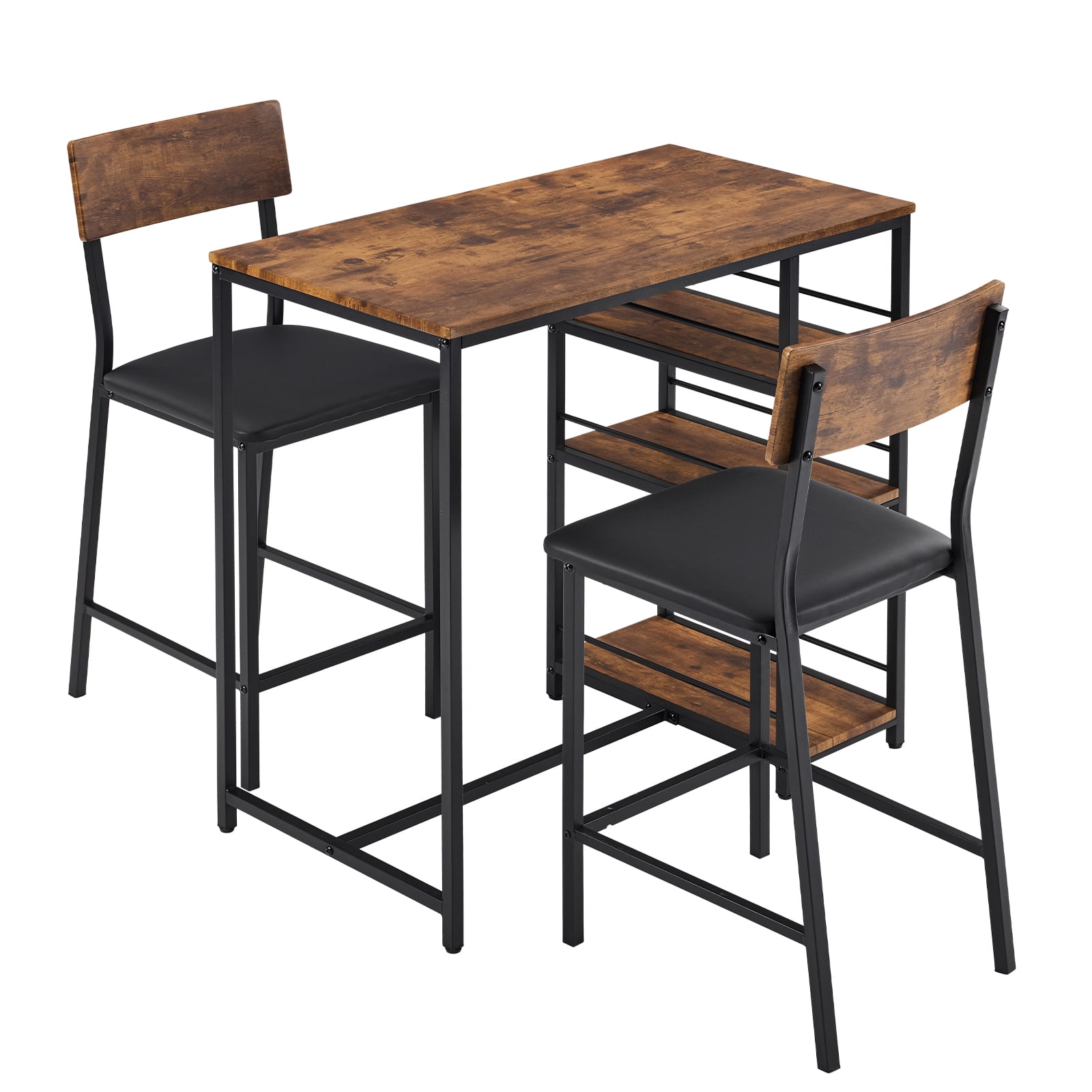 Ktaxon 3 Pieces Dining Table Set for 2, Counter Height Bar Table Set with Storage Shelves and Padded Chairs for Dining Room, Kitchen, Rustic Brown