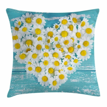Yellow and Blue Throw Pillow Cushion Cover, Heart Shaped Daisy Flowers Romantic Lovers Chamomile Blossoms Print, Decorative Square Accent Pillow Case, 20 X 20 Inches, Sky Blue White, by Ambesonne