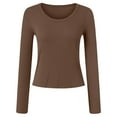 thumbnail image 5 of felwors Womens Crewneck Long Sleeve Shirt Double Lined Basic Tees Side Ruched Going Out Crop Tops Coffee, XL, 5 of 6
