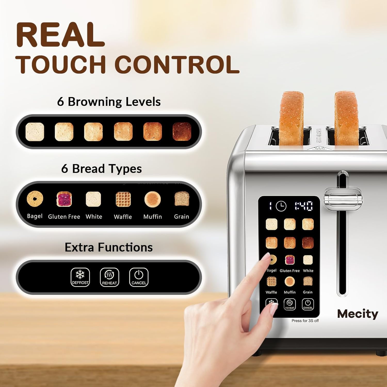 2 Slice Toaster Touch Screen 1.5" Wide Slot, Stainless Steel Smart Bread Toaster for Bagel Muffin Waffle Gluten Free Breads, Timer, Defrost, Reheat, 120V 825W