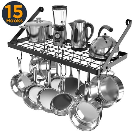 Vdomus Square Grid Wall Mount Pot Rack, Kitchen Cookware Hanging Organizer with 15 Hooks,29.3