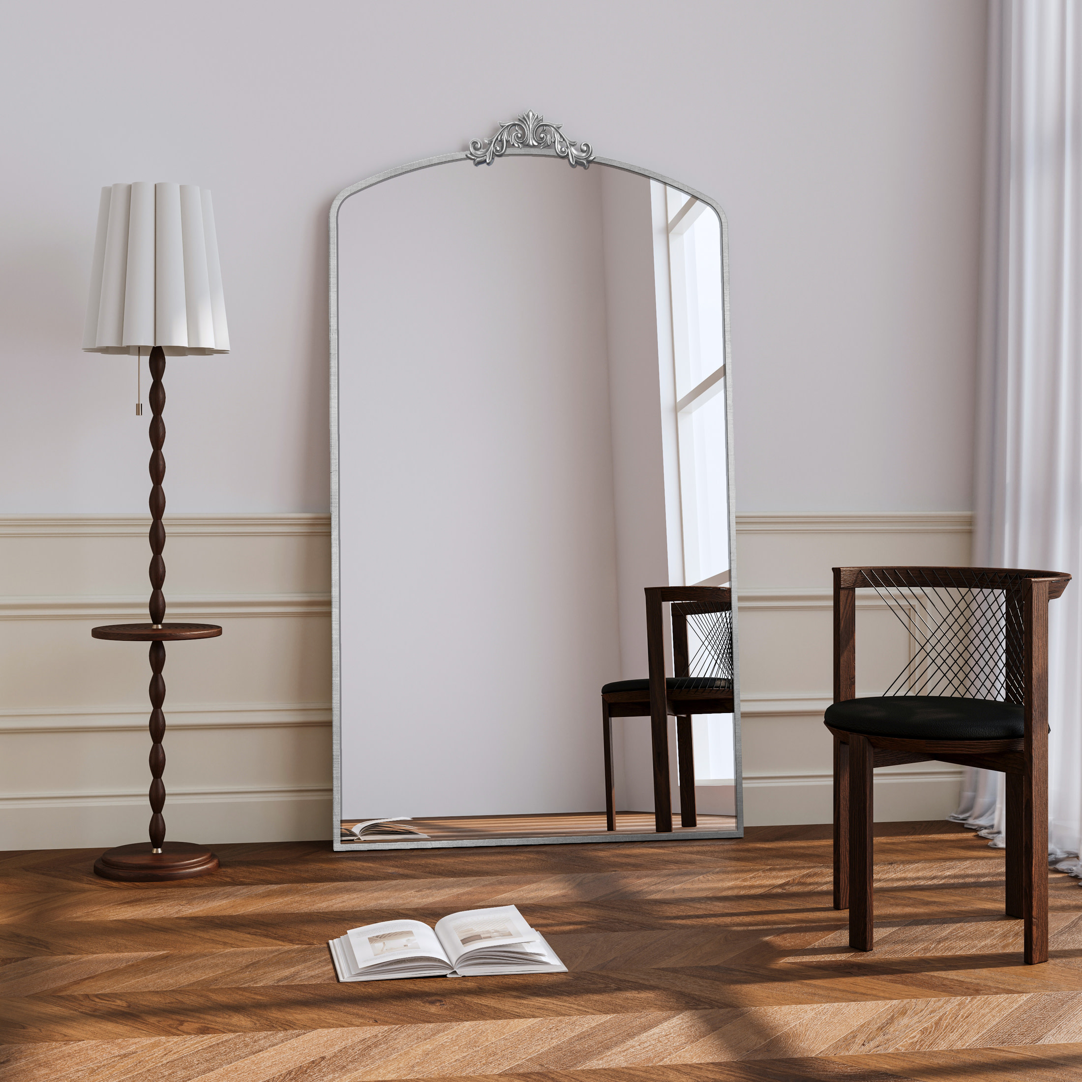 Noble House 36" Vintage Ornate Arched Full Length Floor Mirror, Oversized Metal Frame Dressing Mirror, Antique Silver