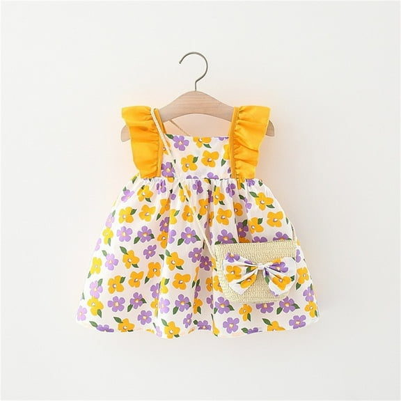 HOMADLES Toddler Girls Dress Strap Sleeveless Soft Print Stretch with Bag Princess Dress Yellow 2 T
