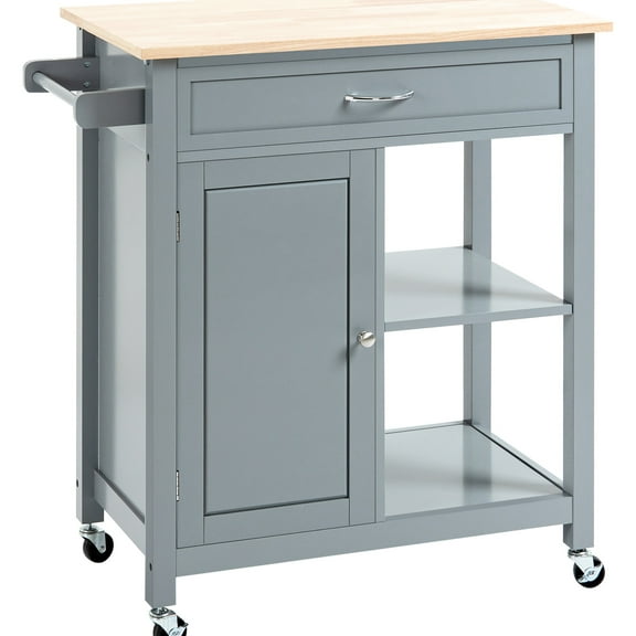 Movable Kitchen Island Table, Gray, Solid Wood Top, Drawer, Open Shelves, Adjustable Shelf, For House Rolling Storage Cart, Counter, Towel Rack, Narrow