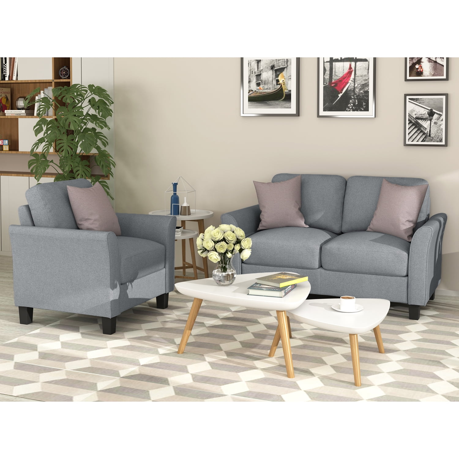 2 Pieces Sofa Set Living Room Set Single Sofa and Loveseat Sofa(Gray