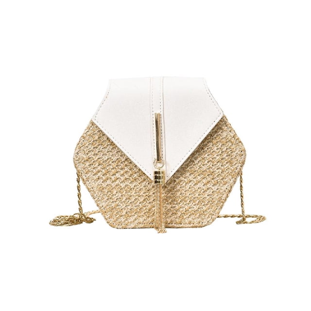 Paja en Forma Hexágono + Bolsos Hombro PU Bolsos Con Asa Superior para Mujeres Playa (Blanco)