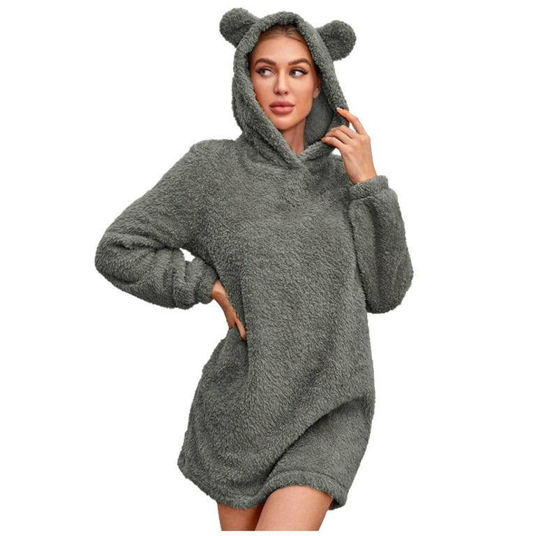 Bear Ear Fleece Hoodie Women's Casual Cute Teddy Bear Sleepwear Long Sleeve  Plush Pullover Hooded Sweater Tops