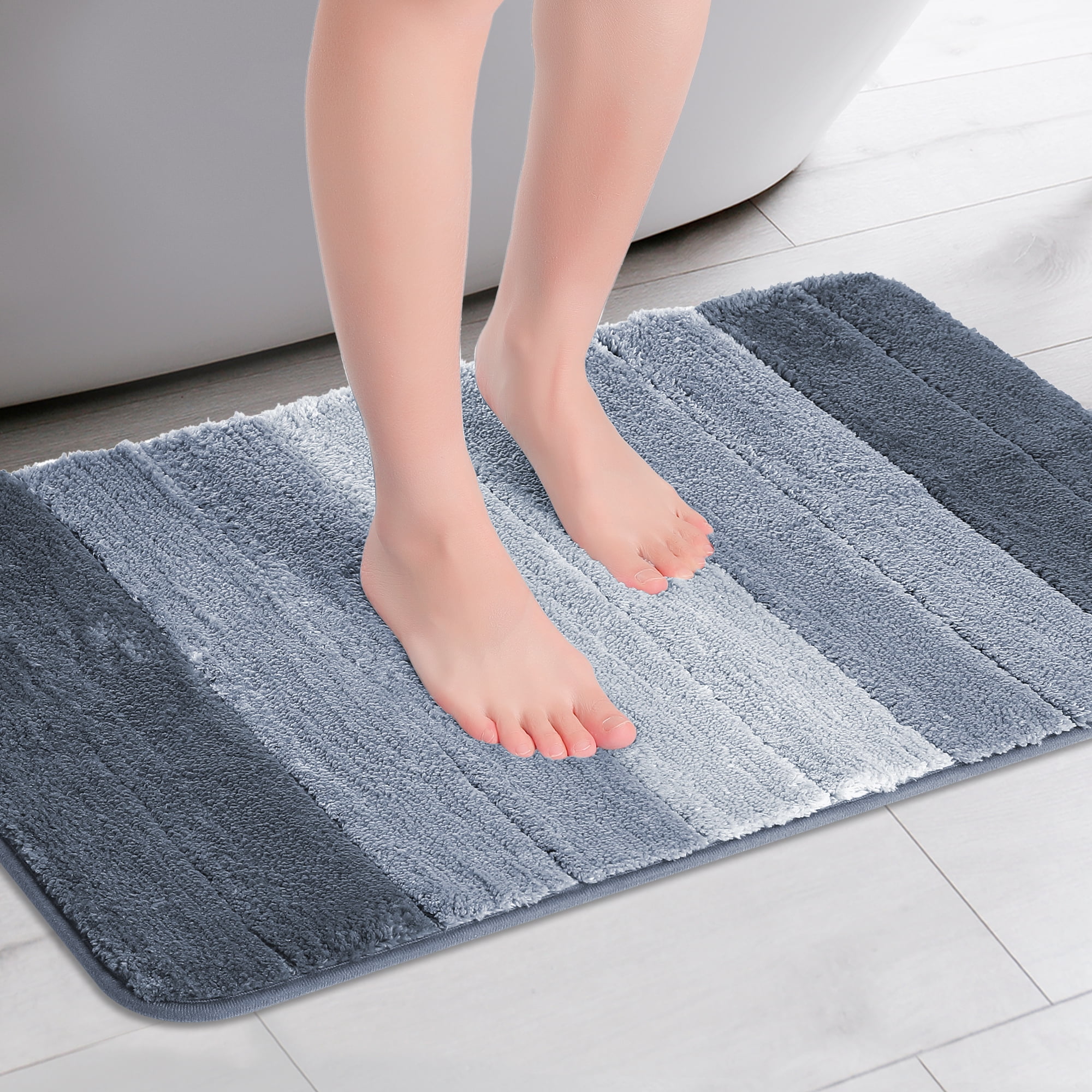 Unique Bargains Plush Gradient Striped Bath Rugs Microfiber Shaggy Mat with TPR Backing Blue 16" x 24"