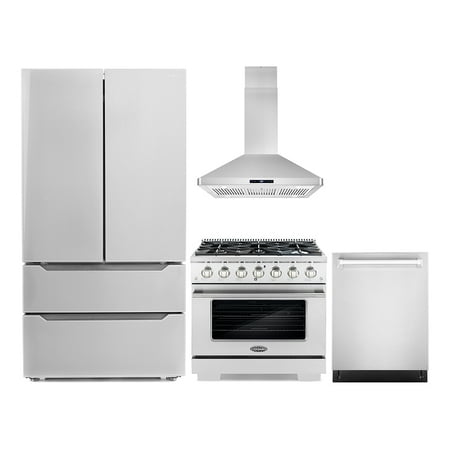 Cosmo 4 Piece Kitchen Appliance Packages with 36  Freestanding Dual Fuel Range 36  Island Range Hood 24  Built-in Integrated Dishwasher &amp; French Door Refrigerator Kitchen Appliance Bundles