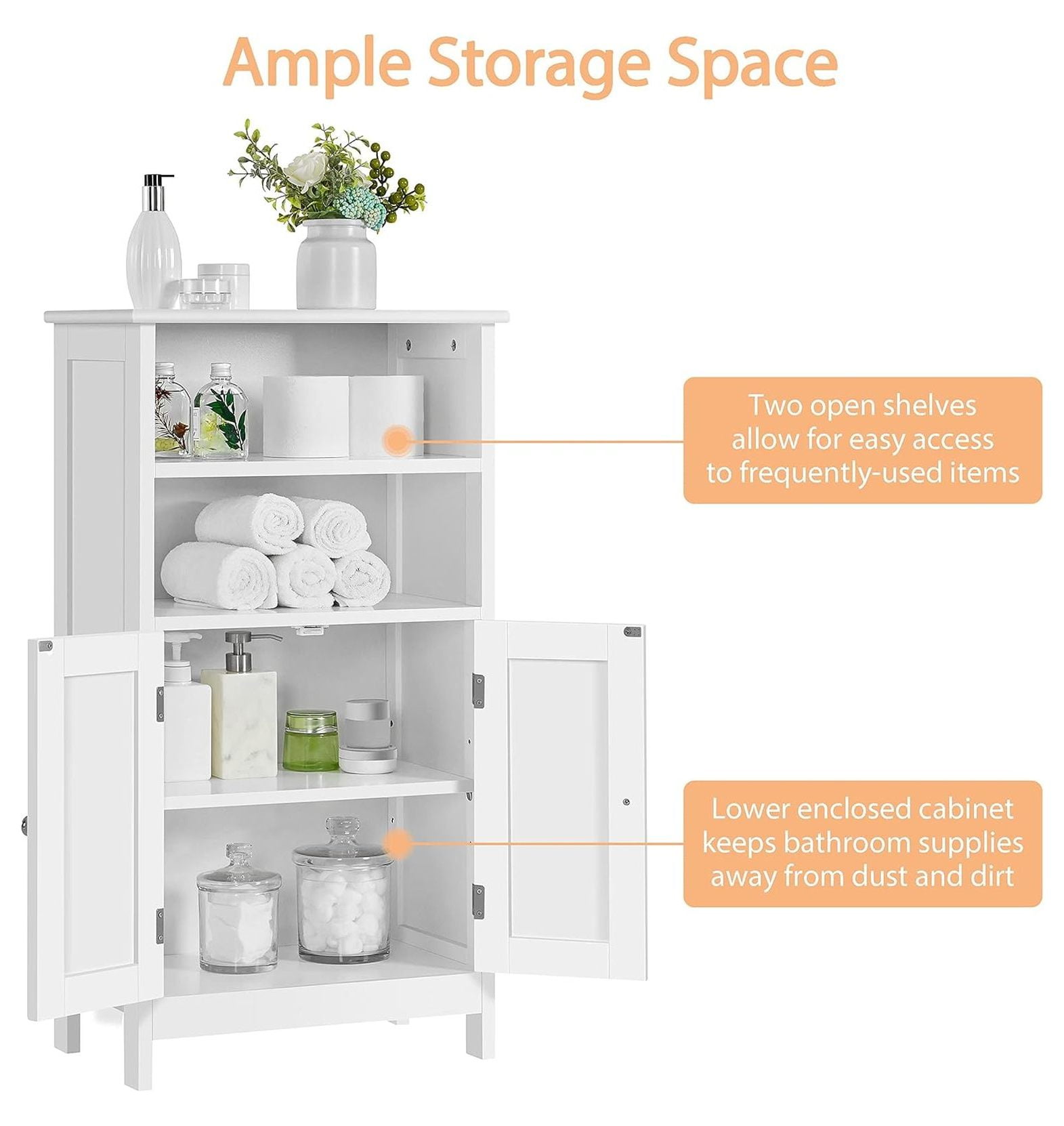 Bathroom Floor Storage Cabinet with 2 Doors and Adjustable Shelf, Side Storage Organizer for Living Room/Hallway, White