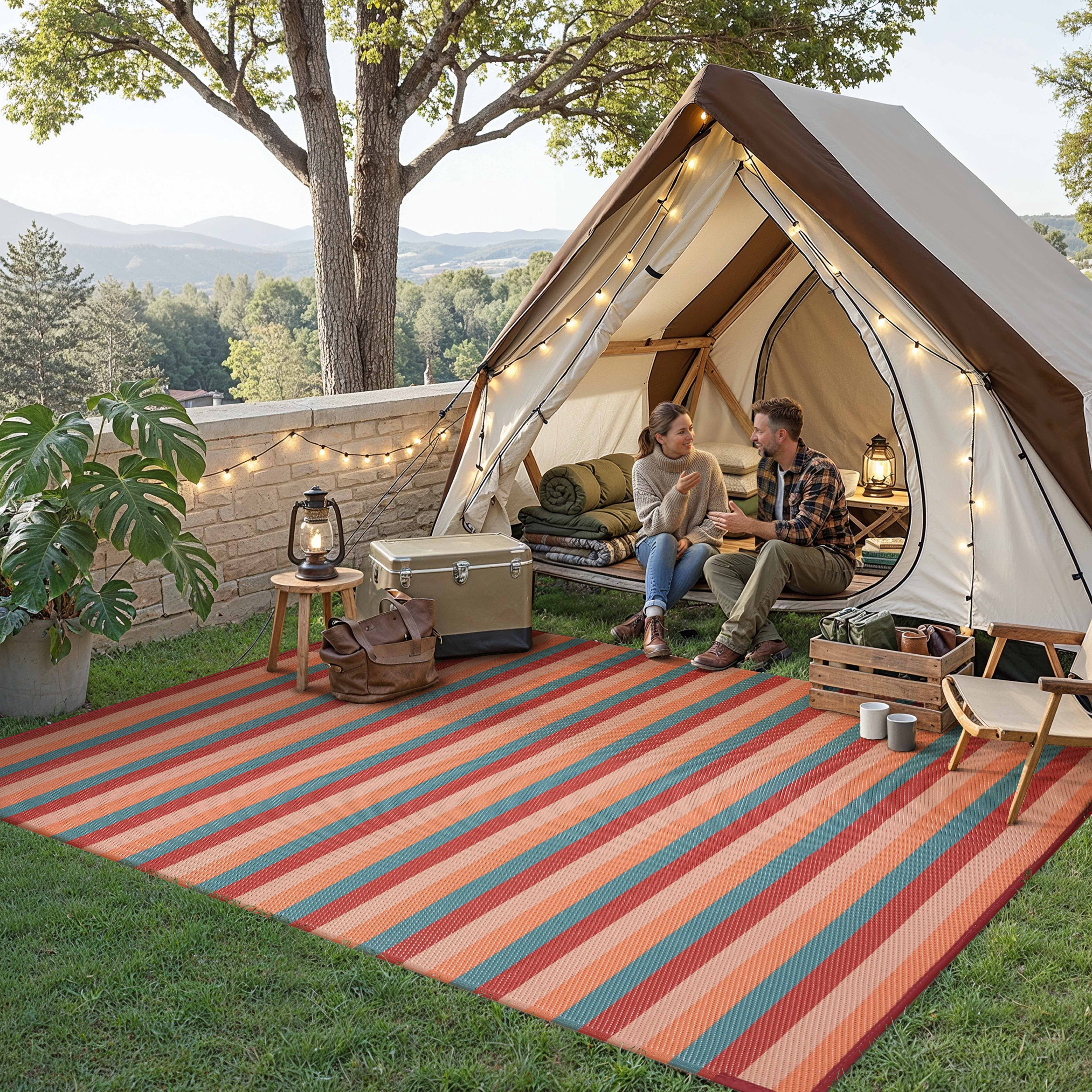 BERTHMEER Outdoor Rugs 5'x8' for Patio on Sale Clearance,Waterproof Reversible Rugs for RV,Deck,Camping,Beach,Picnic,Backyard,Garden and Balcony Plastic Straw Rug,Red&Orange Stripes