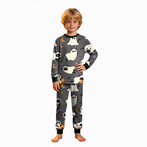 Enyan Girls Pajamas Halloween Toddler Pumpkin/Ghost Pjs Set Kid Long Sleeve 2 Piece Loungewear Sleepwear Pajamas Little Girl Pajamas(Grey)