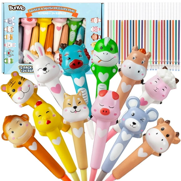 BUNMO Lindos bolígrafos – Bolígrafos divertidos blandos con agarre suave y 24 recambios coloridos – Regalos para preadolescentes – Lápices divertidos para niños – Personajes del zodiaco – Regalo para