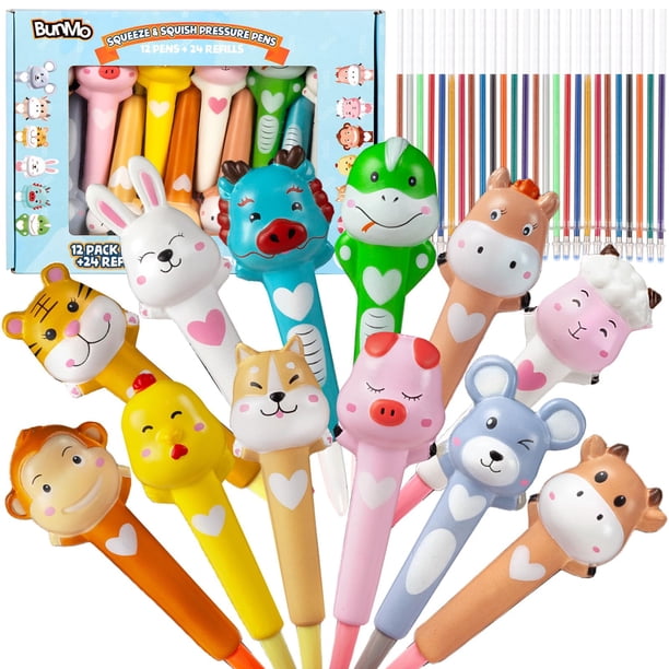 BUNMO Lindos bolígrafos – Bolígrafos divertidos blandos con agarre suave y 24 recambios coloridos – Regalos para preadolescentes – Lápices divertidos para niños – Personajes del zodiaco – Regalo para