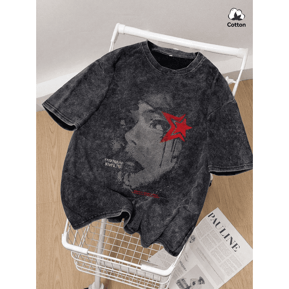 Red Star Face Print Vintage Oversized Washed High Street Grunge Y2K Short Sleeve Crewneck Cotton Unisex Men's Women's Tee Shirt