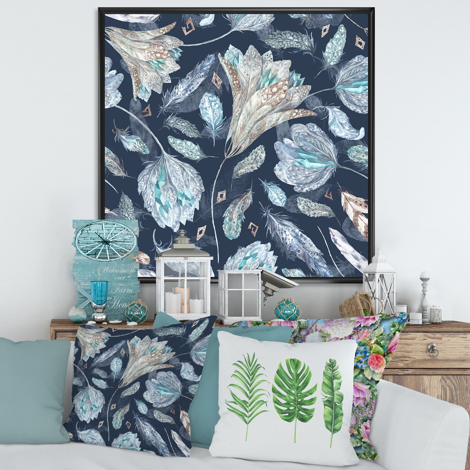 Designart 'Navy Blue Botanical Pattern With Feathers' Traditional Framed Canvas Wall Art Print