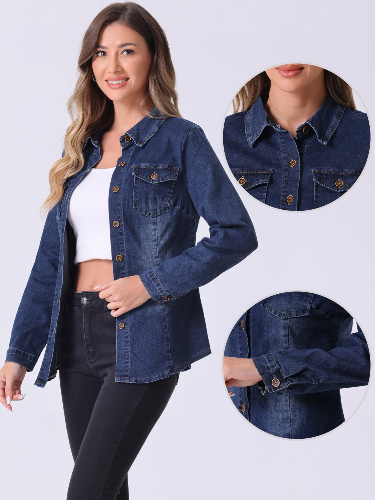 DARING DIVA Women's Long Sleeve Denim Jacket S Dark Blue