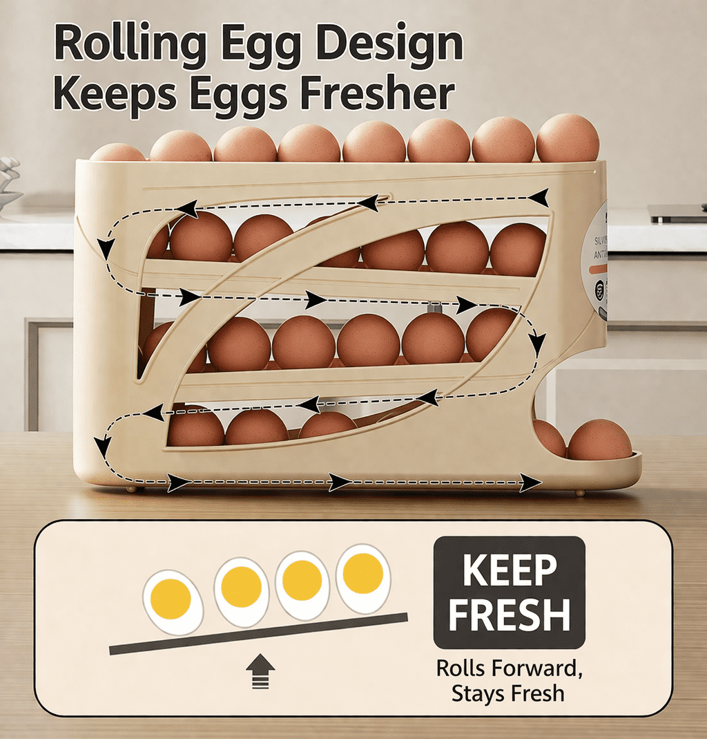30 Egg Rolling Egg Holder for Refrigerator Door, Gravity Feed Egg Dispenser Rack, Space Saving Fridge Egg Organizer, Automatic Egg Storage Container