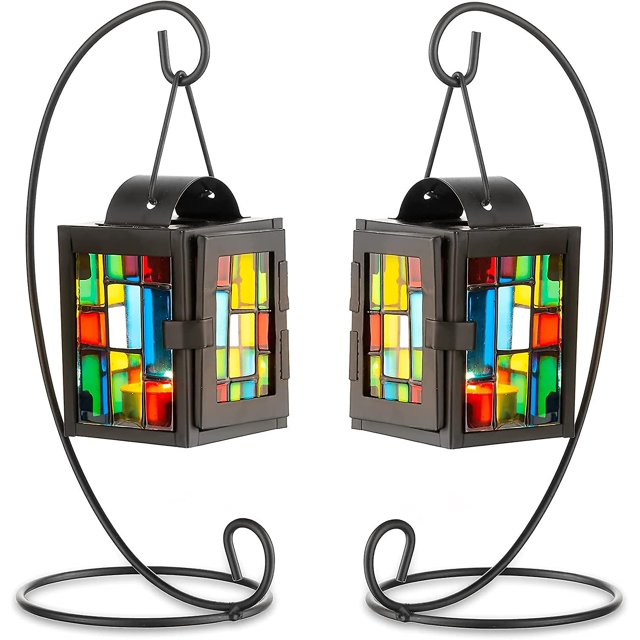 Multicolor Farol de vela decorativo marroquí, adorno de mesa, portavelas con acento, juego de 2 faroles colgantes vintage para decoración de repisa del hogar